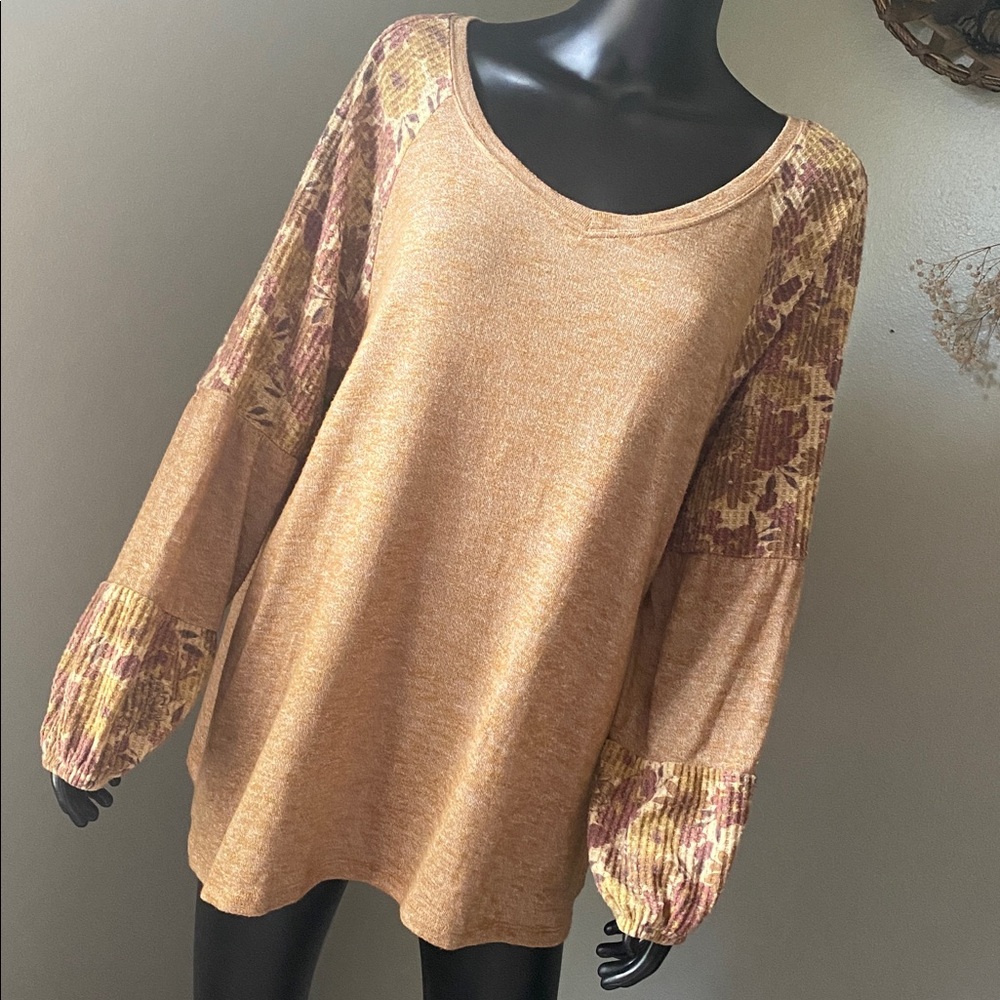 Cato Brown Long Sleeve Top with Patterned Sleeves